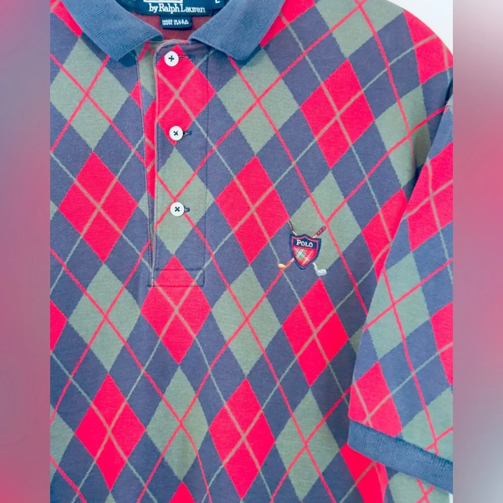 Classic Vintage Ralph‎ Lauren Red and Green Argyle Polo Shirt USA Large